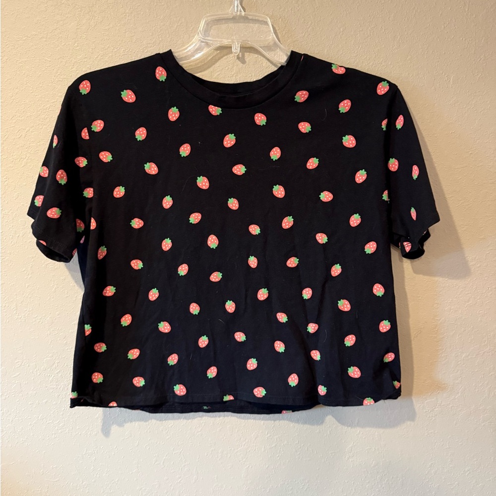 Strawberry Patterned Black Tee for Women